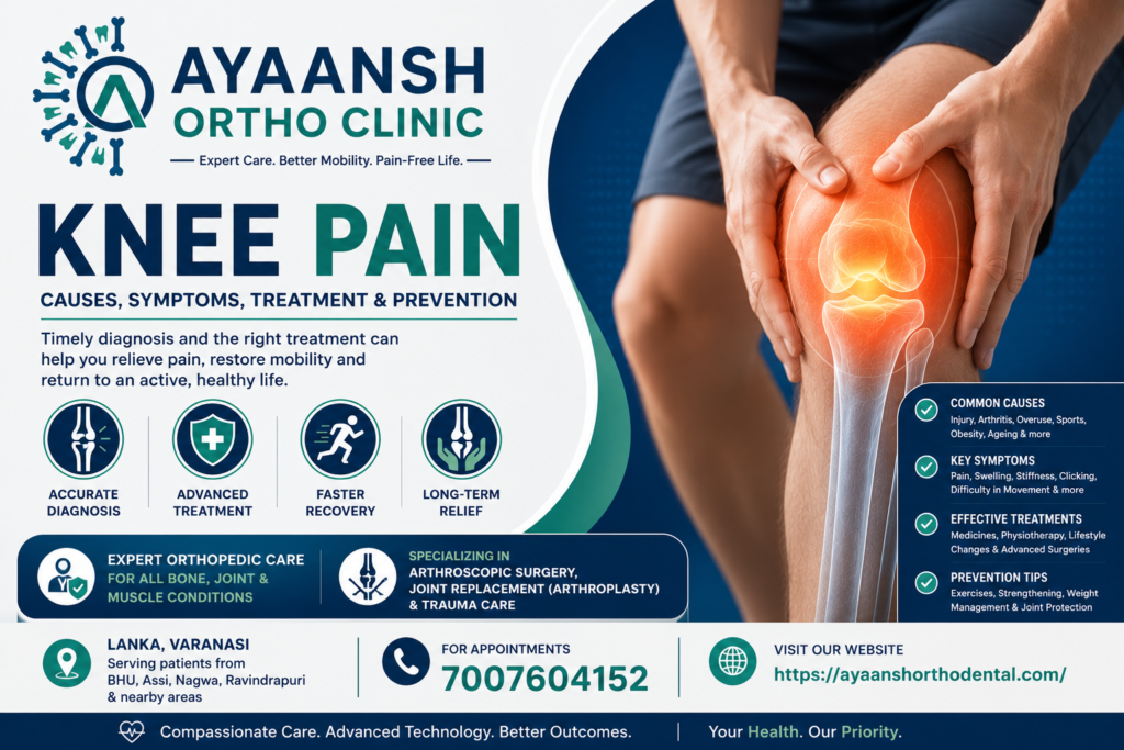 Illustration showing knee pain with expert orthopedic treatment at Ayaansh Ortho Clinic, Varanasi.