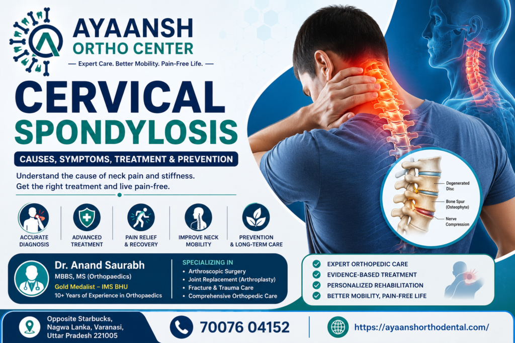 Illustration of cervical spondylosis showing the neck and cervical spine with expert treatment at Ayaansh Ortho Center in Varanasi.