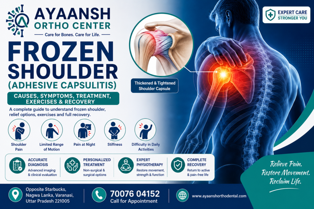Illustration showing frozen shoulder (adhesive capsulitis) and expert frozen shoulder treatment in Varanasi at Ayaansh Ortho Center.