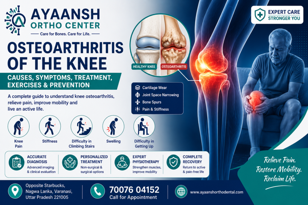 Illustration showing knee osteoarthritis with cartilage wear and expert osteoarthritis knee treatment in Varanasi at Ayaansh Ortho Center.