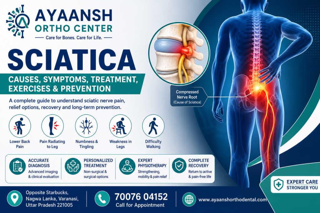 Illustration showing sciatic nerve pain radiating from the lower back into the leg with expert sciatica treatment at Ayaansh Ortho Center, Varanasi.