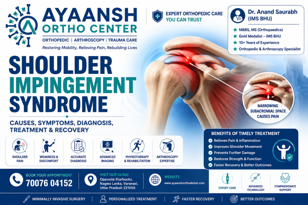 Illustration showing Shoulder Impingement Syndrome with rotator cuff tendon compression and expert Shoulder Impingement Syndrome treatment in Varanasi at Ayaansh Ortho Center.