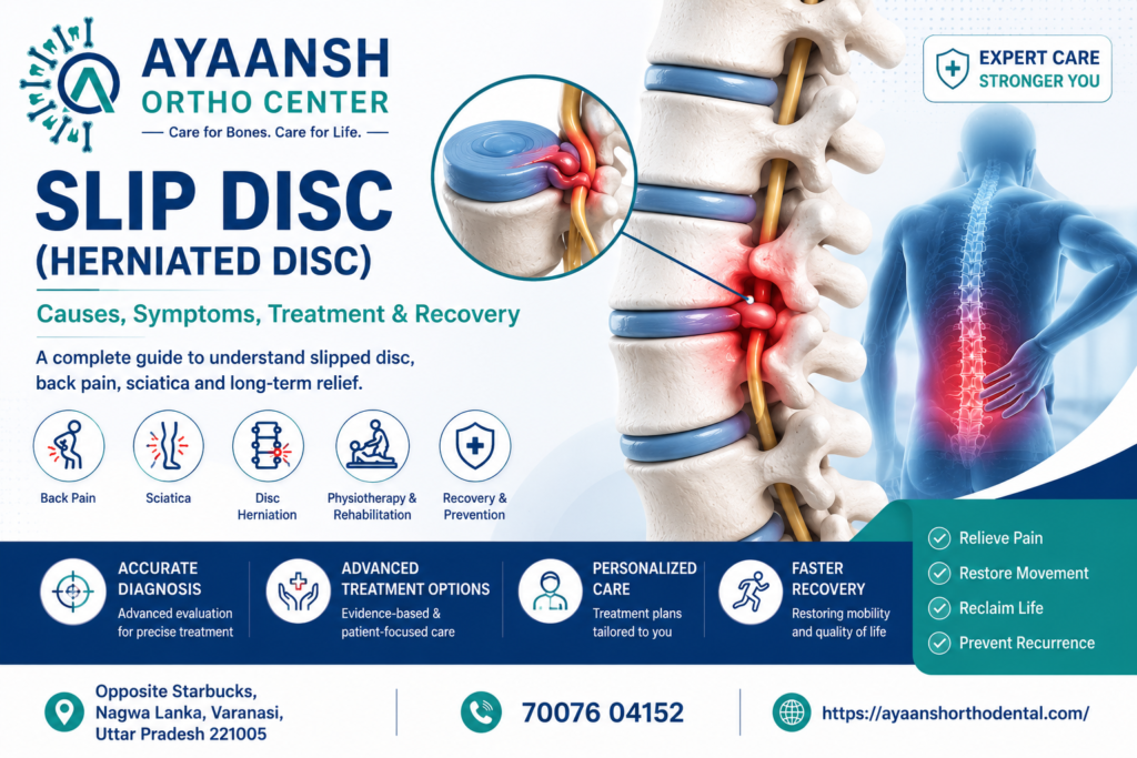 Illustration of a herniated lumbar disc causing nerve compression with expert slip disc treatment at Ayaansh Ortho Center, Varanasi.