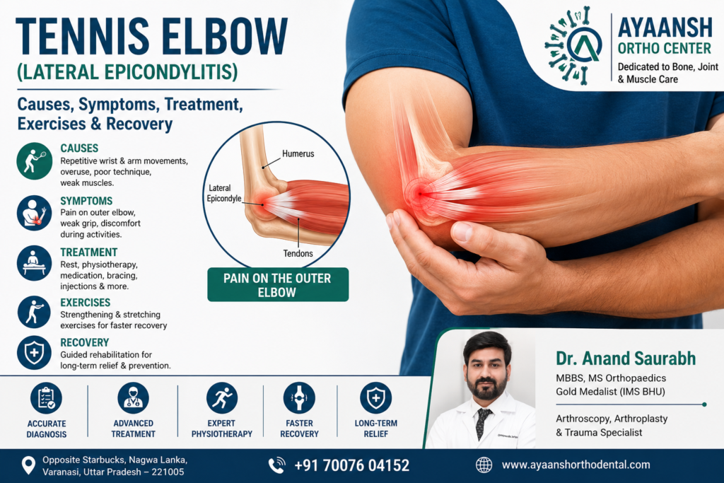 Advanced Tennis Elbow treatment in Varanasi at Ayaansh Ortho Center.